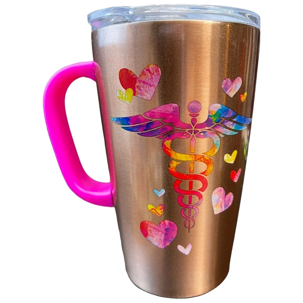 18oz Insulated Stainless Steel NURSE CADUCEUS RN Mug with Lid Rose Gold NEW - Picture 5 of 8